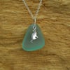 Aquamarine beach glass pendant with silver cat charm
