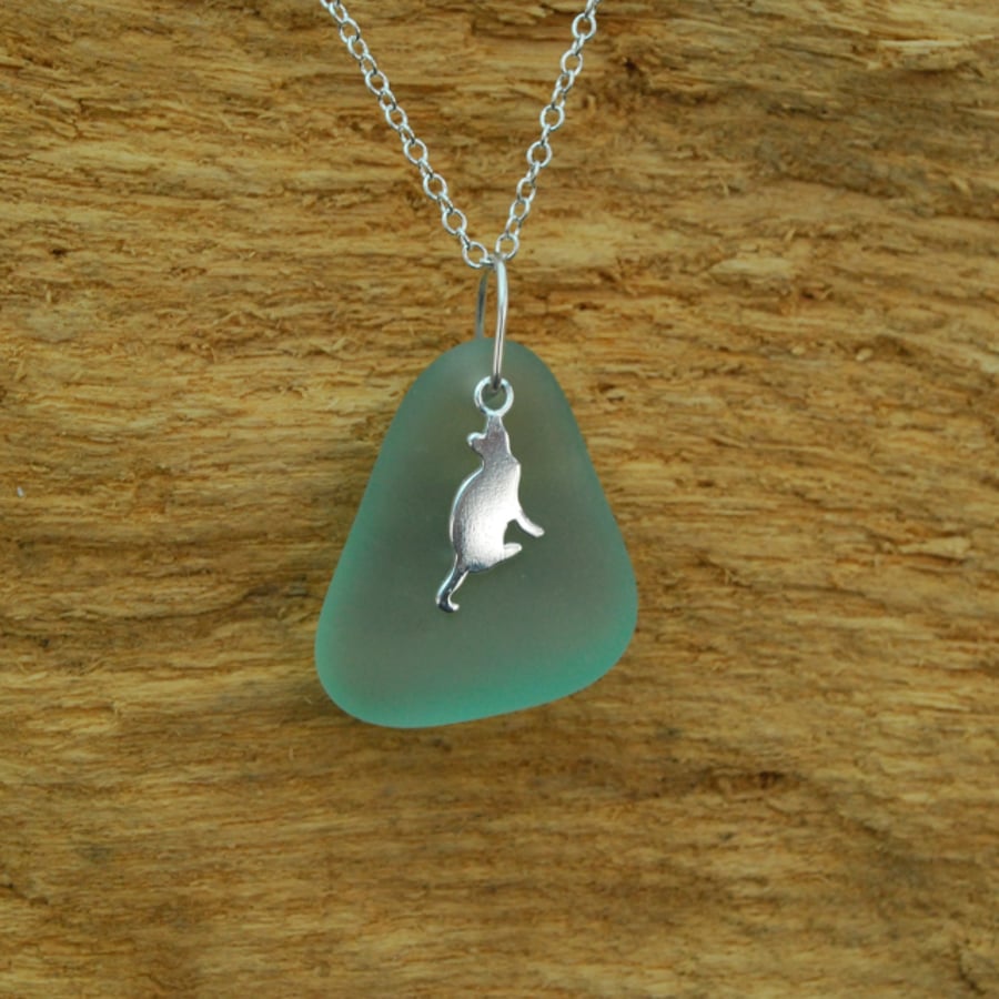 Aquamarine beach glass pendant with silver cat charm
