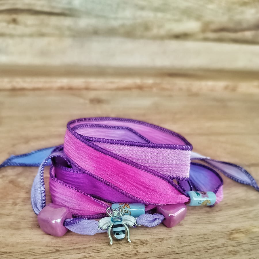 Boho Cat Silk Wrap Bracelet Pink