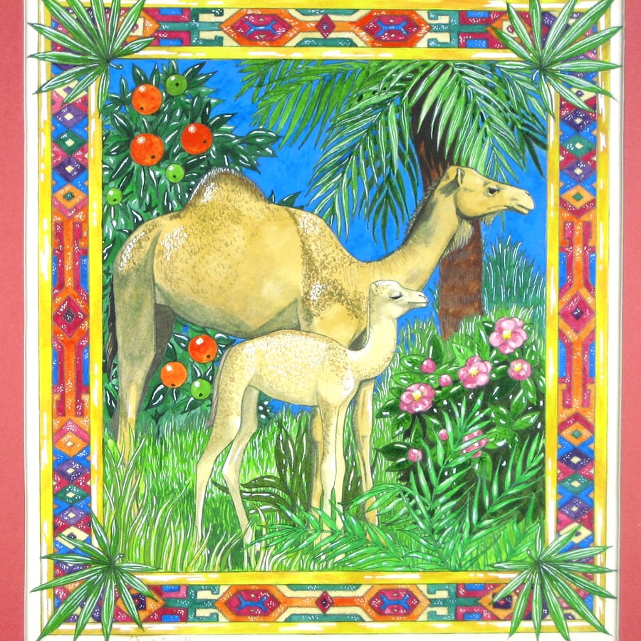 Camel Mother with Baby Decorative Watercolour Painting