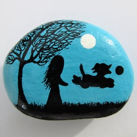 Hand Painted Pebble Magnet, Dog Girl Moon Tree Stone Art Painting, Daughter Gift