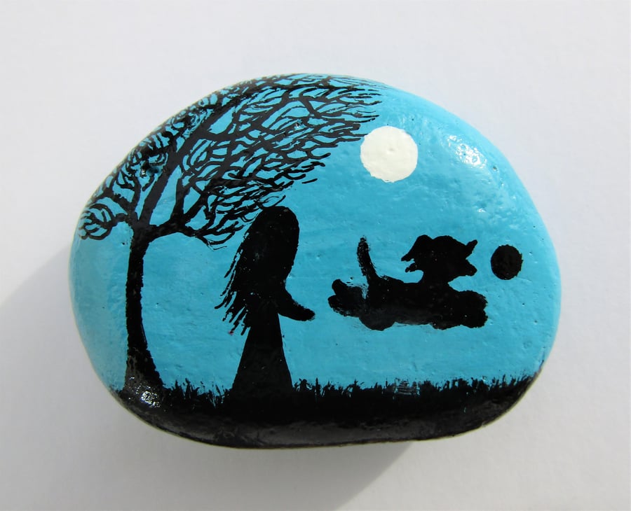 Hand Painted Pebble Magnet, Dog Girl Moon Tree Stone Art Painting, Daughter Gift