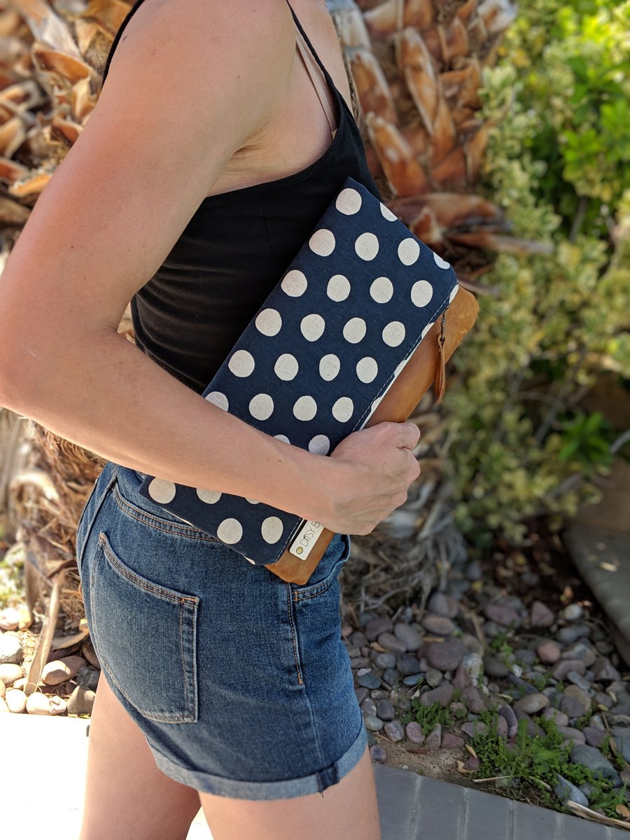 Waxed canvas polka dot clutch bag 