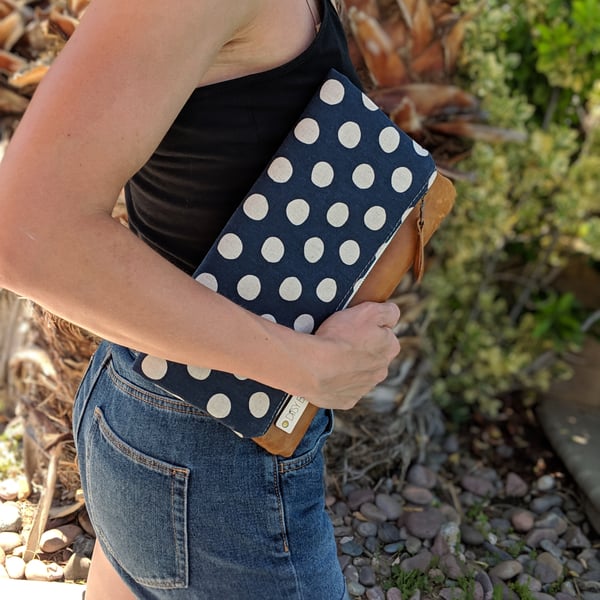 Waxed canvas polka dot clutch bag 