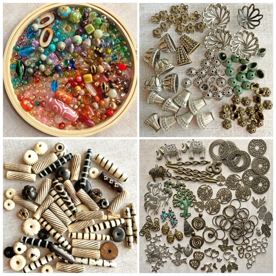 Bargain stash of charms, beads and bead caps, gift for crafter, jewellery maker