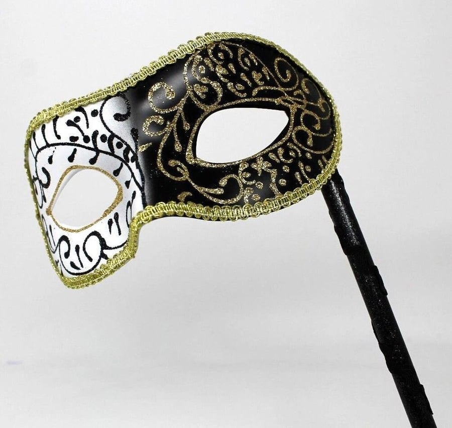 Black and Gold Masquerade Mask on a Stick