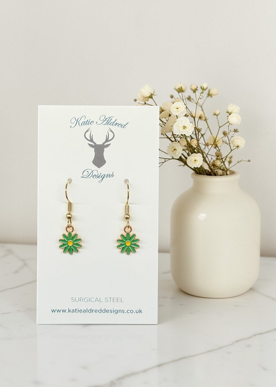 Charm Earrings - Enamel Daisy - Green