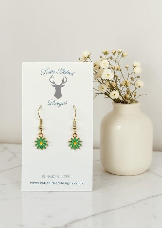 Charm Earrings - Enamel Daisy - Green