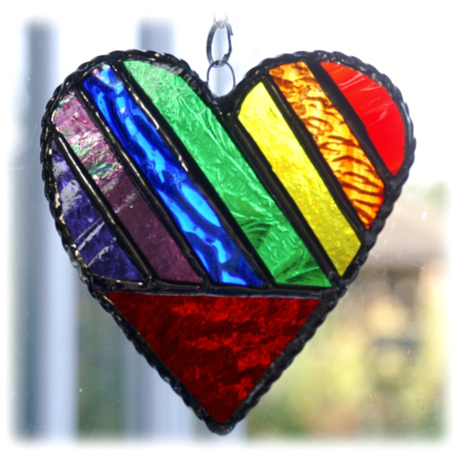 SOLD Love Heart  (Rainbow)  Stained Glass Suncatcher 4 inch  009