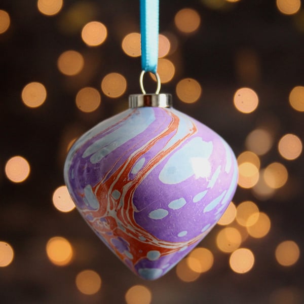 Purple, copper, light blue marbled ceramic Christmas bauble 