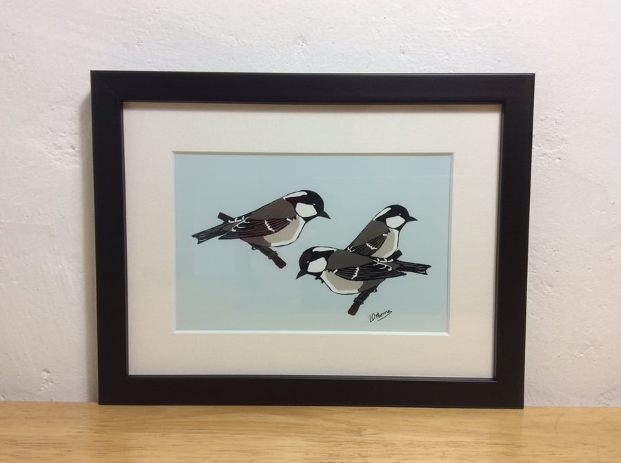 Coal tits - framed print from illustration of garden birds