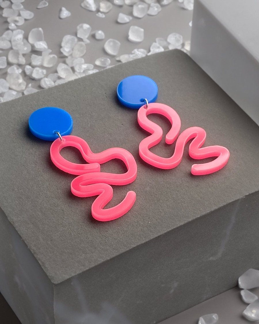 Bright Pink and Blue Squiggle Earrings - Lively Pop Art Fashion Jewellery