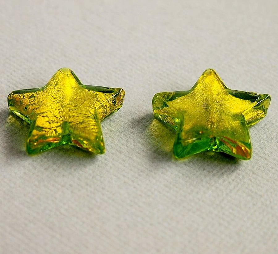 Murano Glass Beads, Stars, Gold Foil, Lime Green