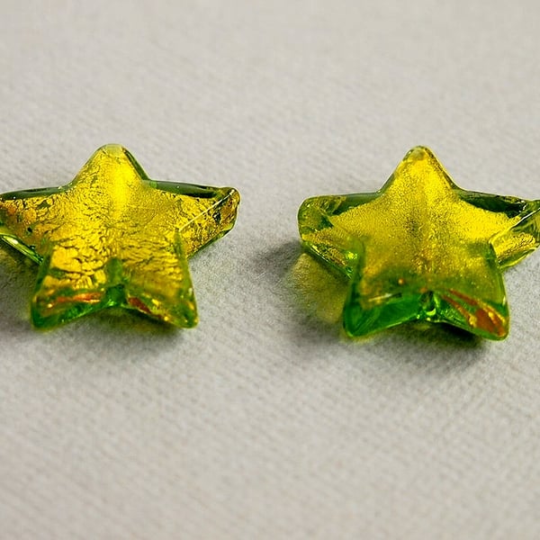Murano Glass Beads, Stars, Gold Foil, Lime Green