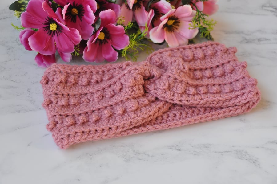 Crochet Twisted Headband Dusky Rose Pink Ear Warmer Chunky Twist Hand Crochet
