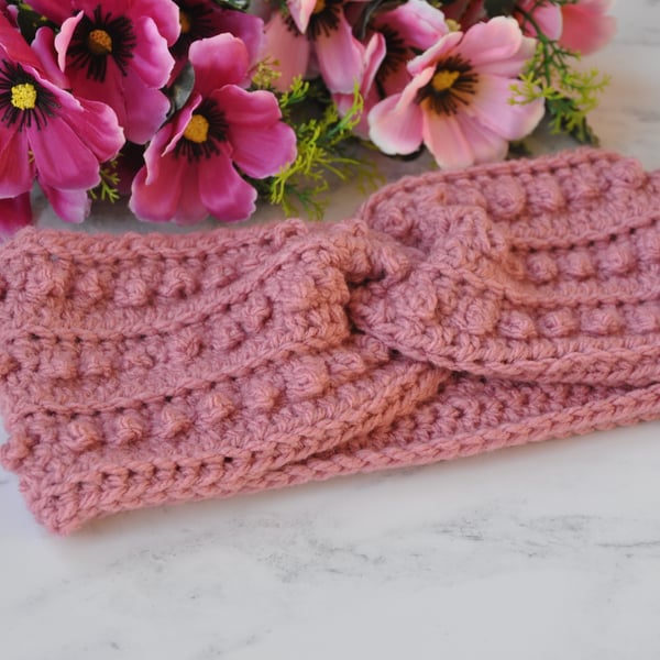 Crochet Twisted Headband Dusky Rose Pink Ear Warmer Chunky Twist Hand Crochet