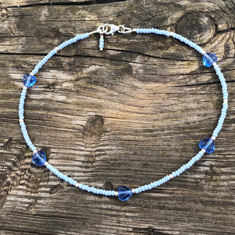 Blue heart, seed bead and sterling silver anklet 