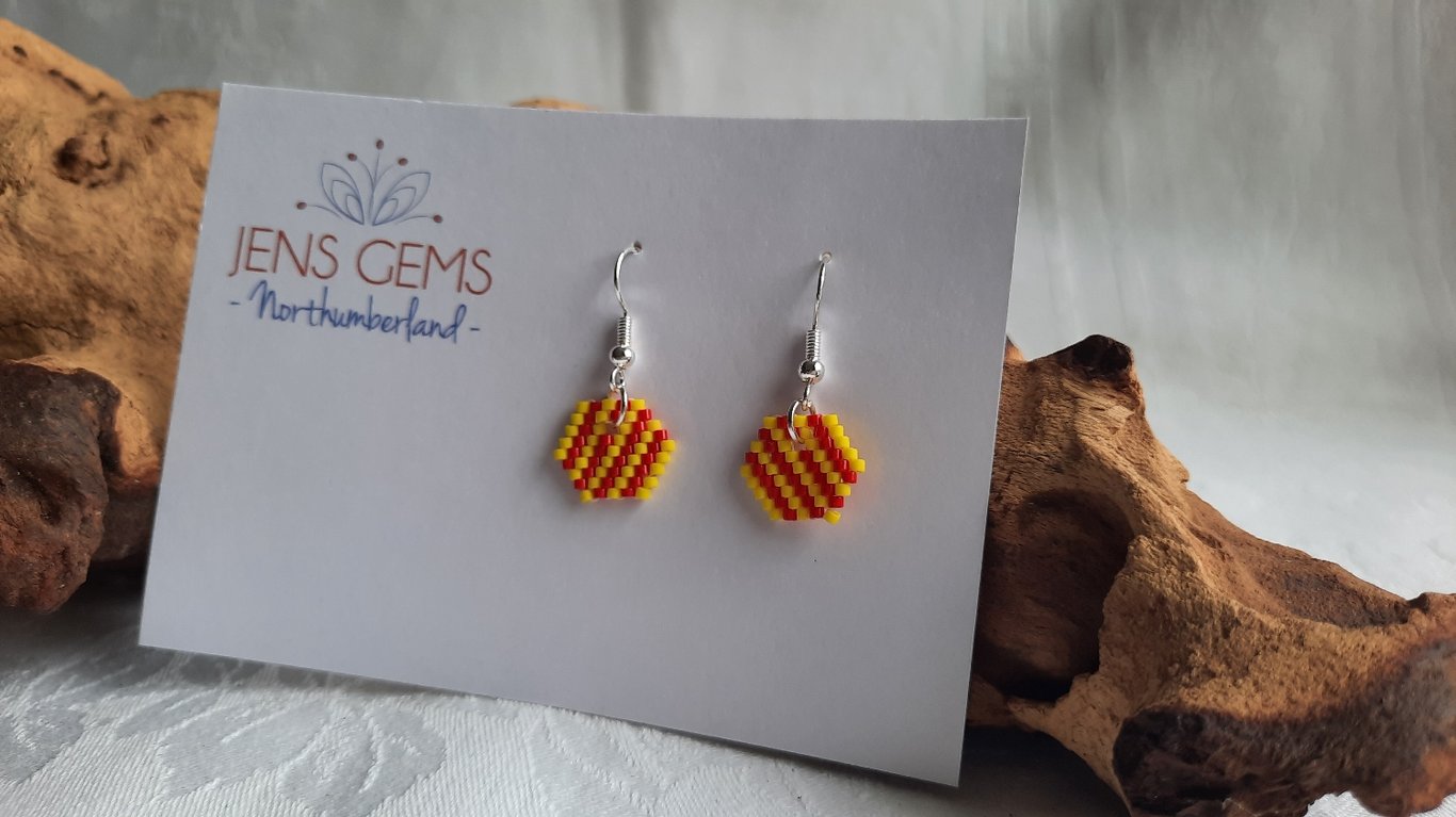 Red and Yellow Striped Bead Work Earrings