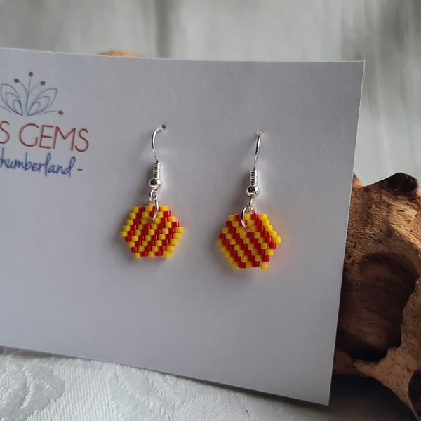 Red and Yellow Striped Bead Work Earrings