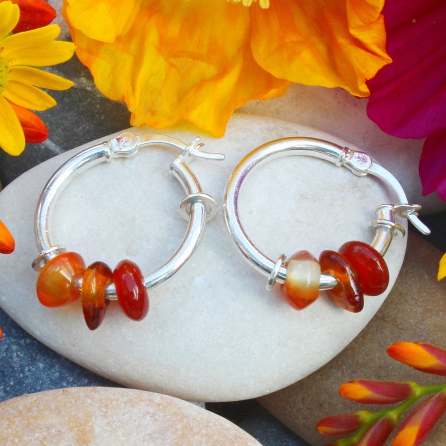 Carnelian Amber Sleeper Hoop Silver Earrings, Handmade, 3 Stones, Natural, No.1