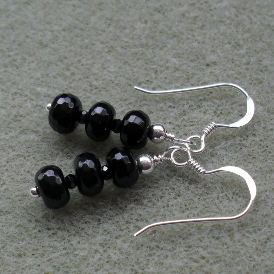 Black Agate and Spinel Semi Precious Gemstone Sterling Silver Earrings
