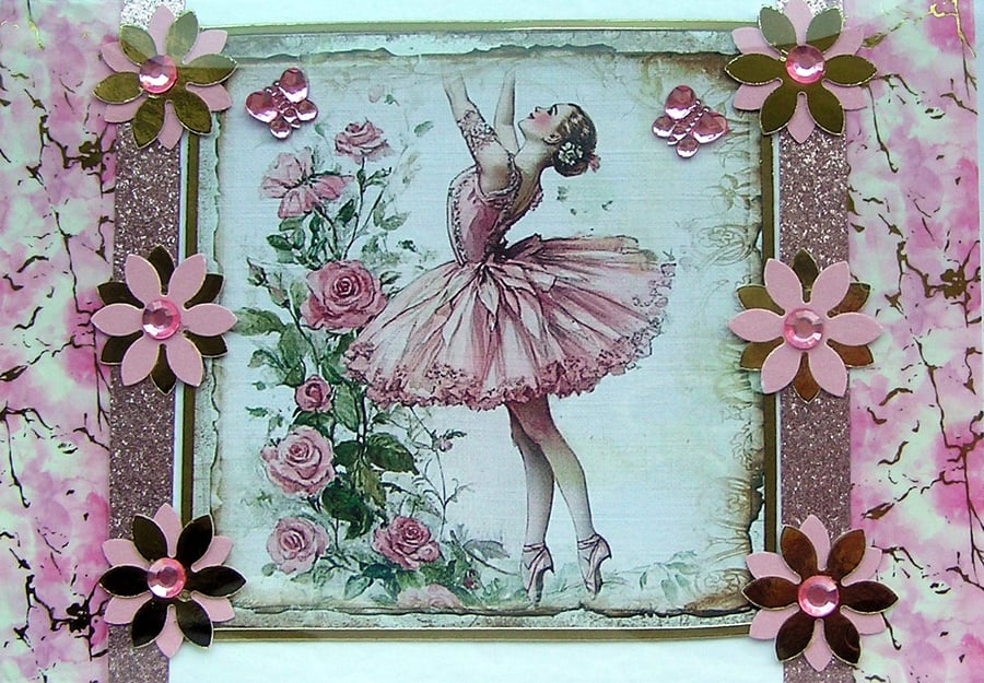 Dancing Ballerina - Hand Crafted Decoupage Greeting Card - Blank 3096