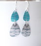 Pebble shaped mid century style turquoise and silver drop leaf earrings - Image 1