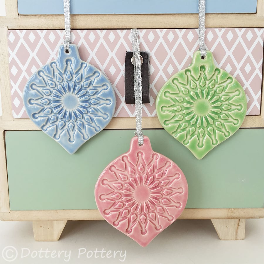 Pastel Christmas Baubles set of three pottery Bauble decorations 