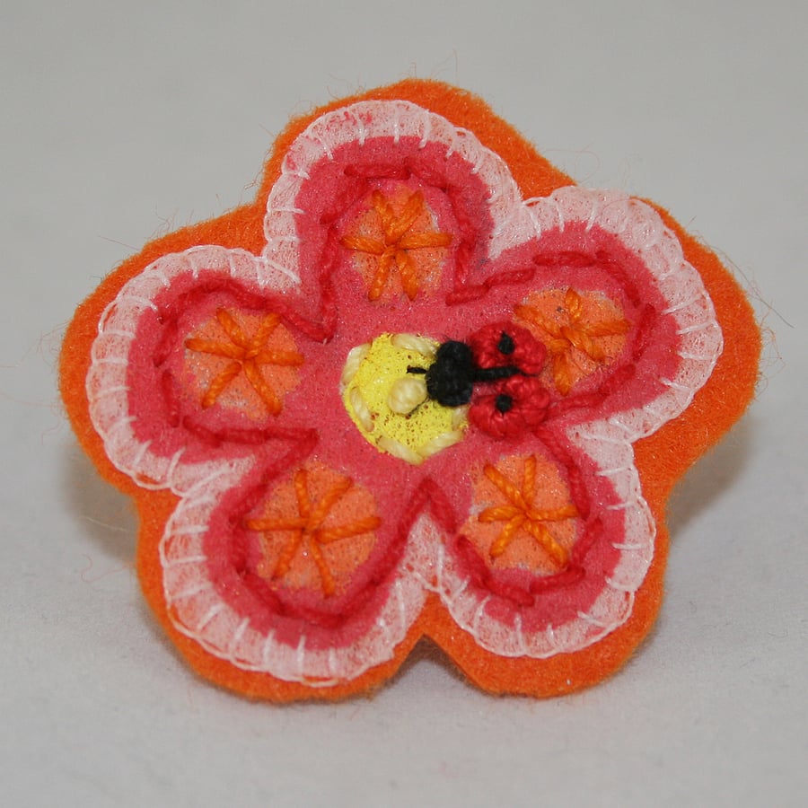 SALE Ladybird Orange Flower Brooch - painted and stitched