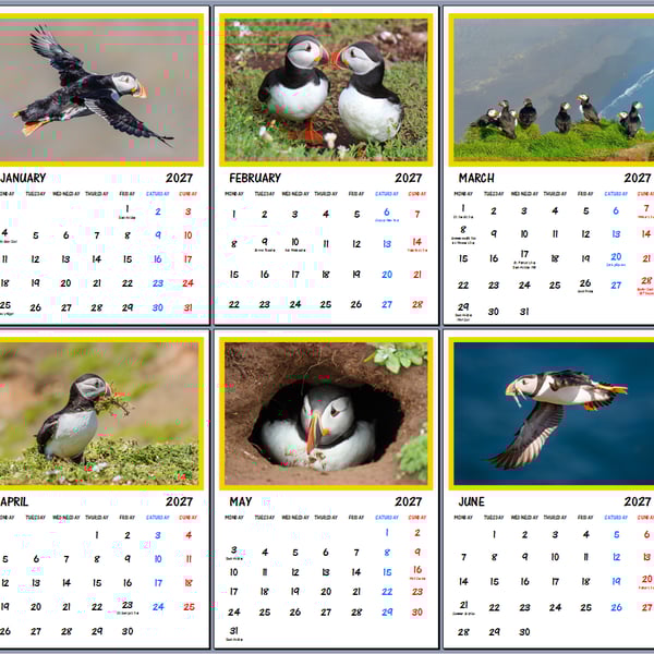 2027 Calendar Puffins A4 Page Per Month 
