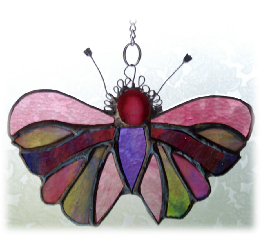 SOLD Cranberry Pink Butterfly Suncatcher Stained Glass Handmade 042