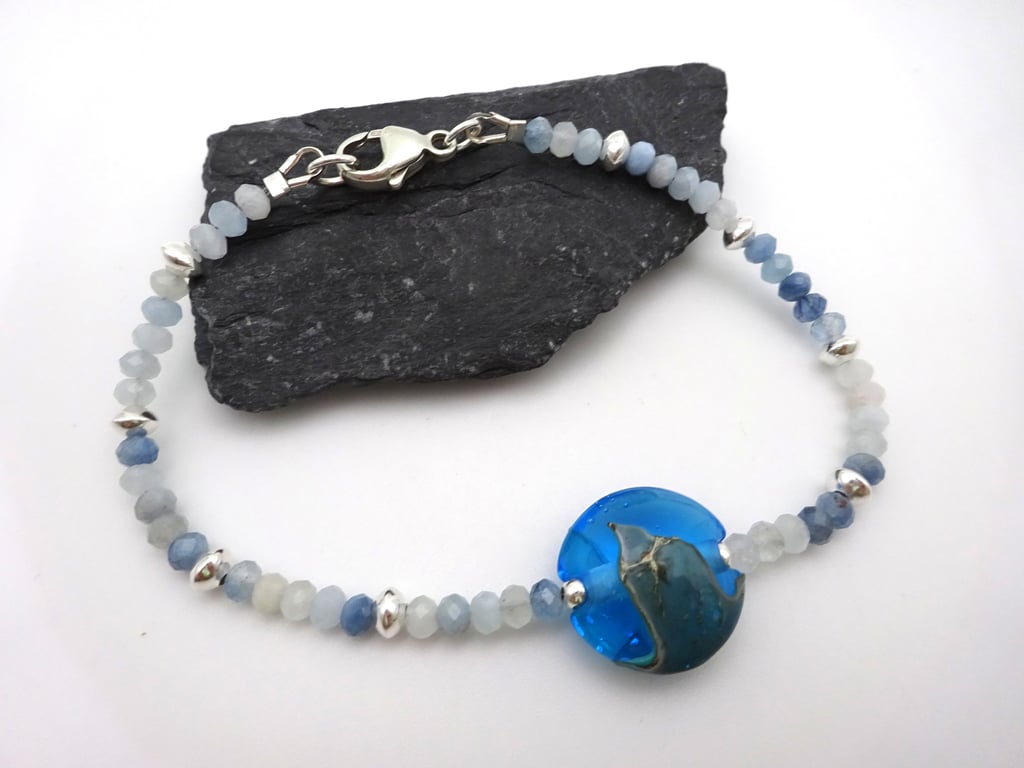 aquamarine gemstone bracelet, lampwork glass focal