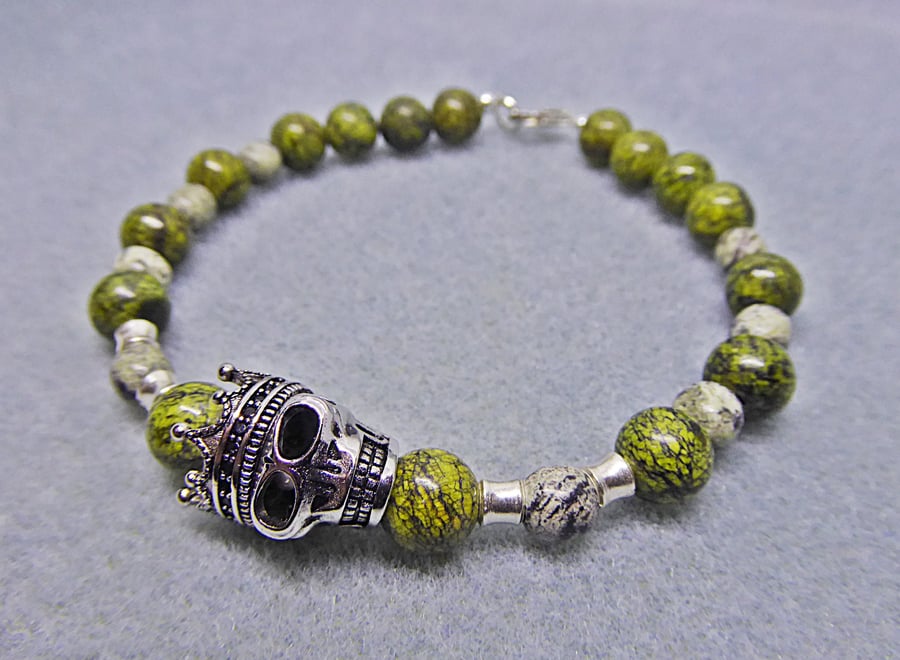 Halloween Crowned Skull Bracelet with Serpentine and Sterling Silver