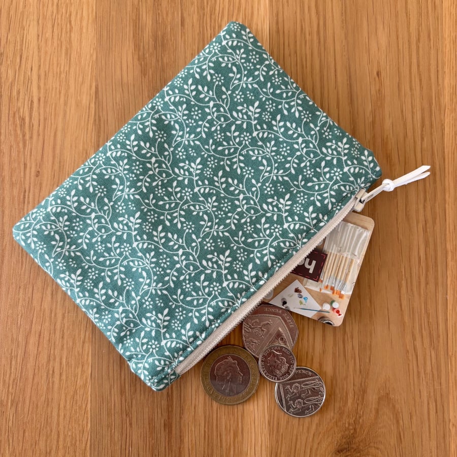 Small zipped fabric coin purse, pouch, in green and cream floral pattern