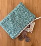 Small zipped fabric coin purse, pouch, in green and cream floral pattern