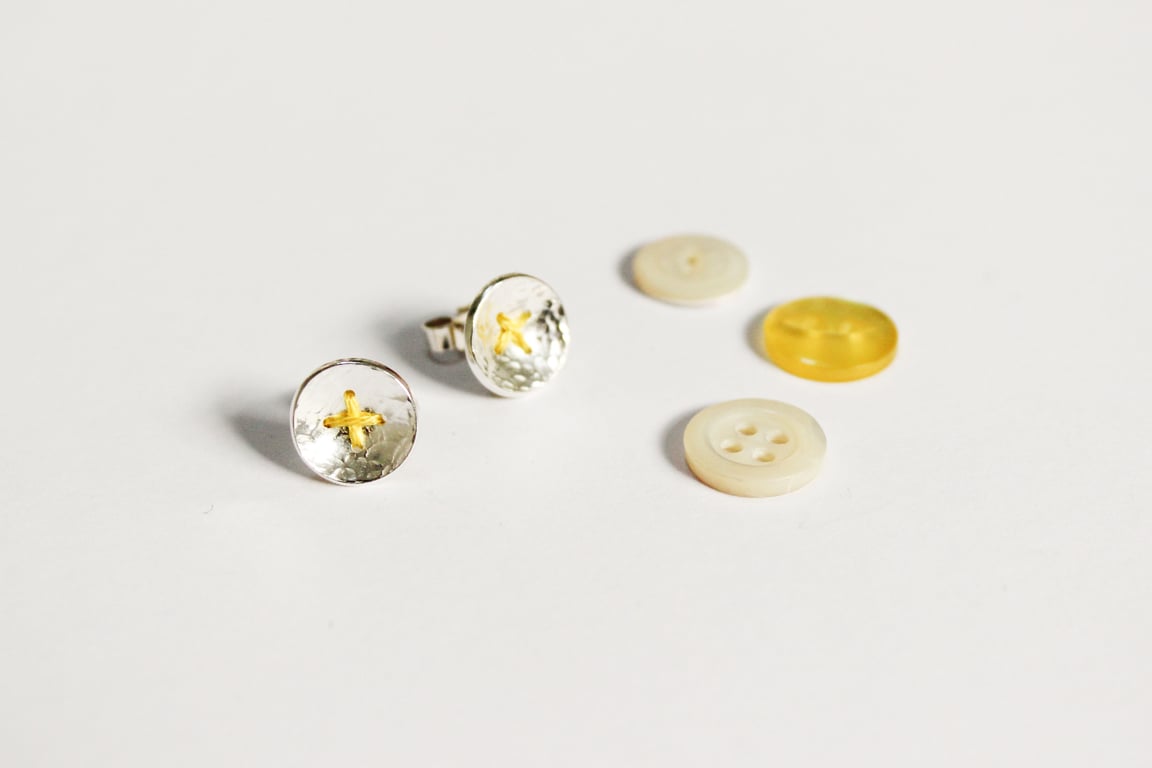 Silver button earrings, stitched, button earrings