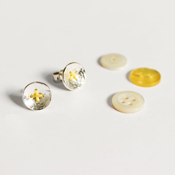 Silver button earrings, stitched, button earrings