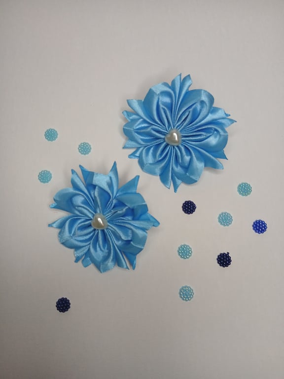 Blue Satin Flower Hair Bobbles, Pair of School Hair Accessories
