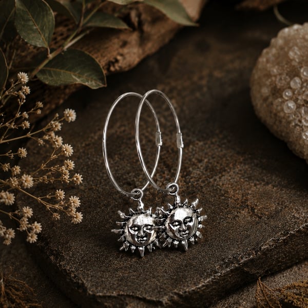 Silver Sun Face Hoop Earrings - Celestial Boho Charm Hoops