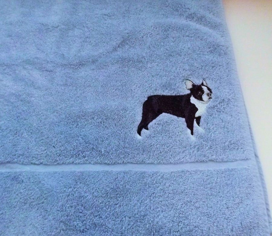 Boston Terrier Dog Embroidered Hand Towel. Sky Blue, T9