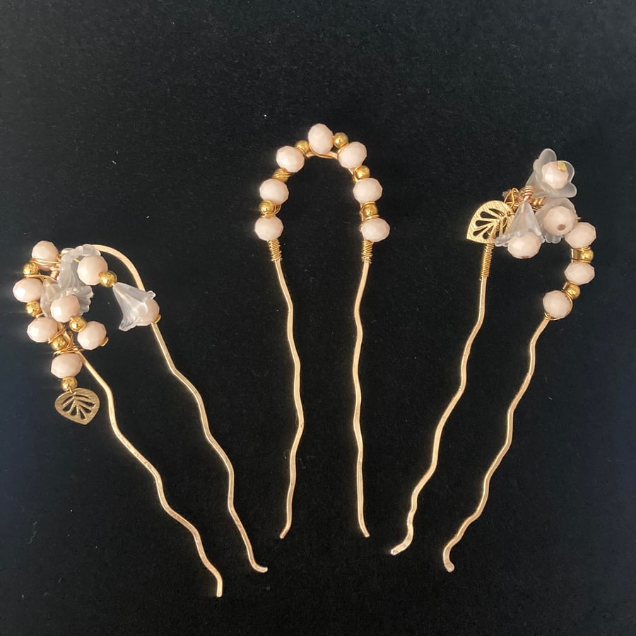 Bride or Bridesmaids Hair Forks - 3, Gold Plated, Flower and Pale Crystal Beads