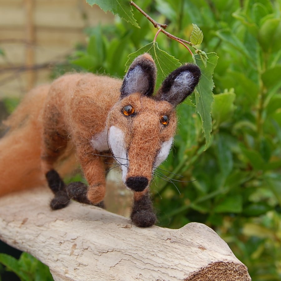 Fox mounted on driftwood. Fibre Art  fox, needle felt fox, fox ornament