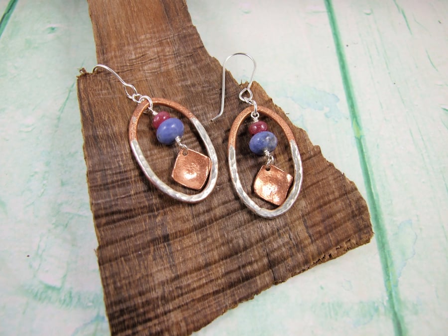 Earrings, Sterling Silver, Copper, Sodalite and Ruby Dropper Earrings