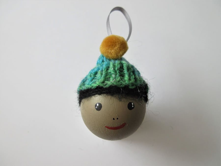 Bobble Hat Christmas Folk Bauble Hanging Tree Decoration in Woolly Hat