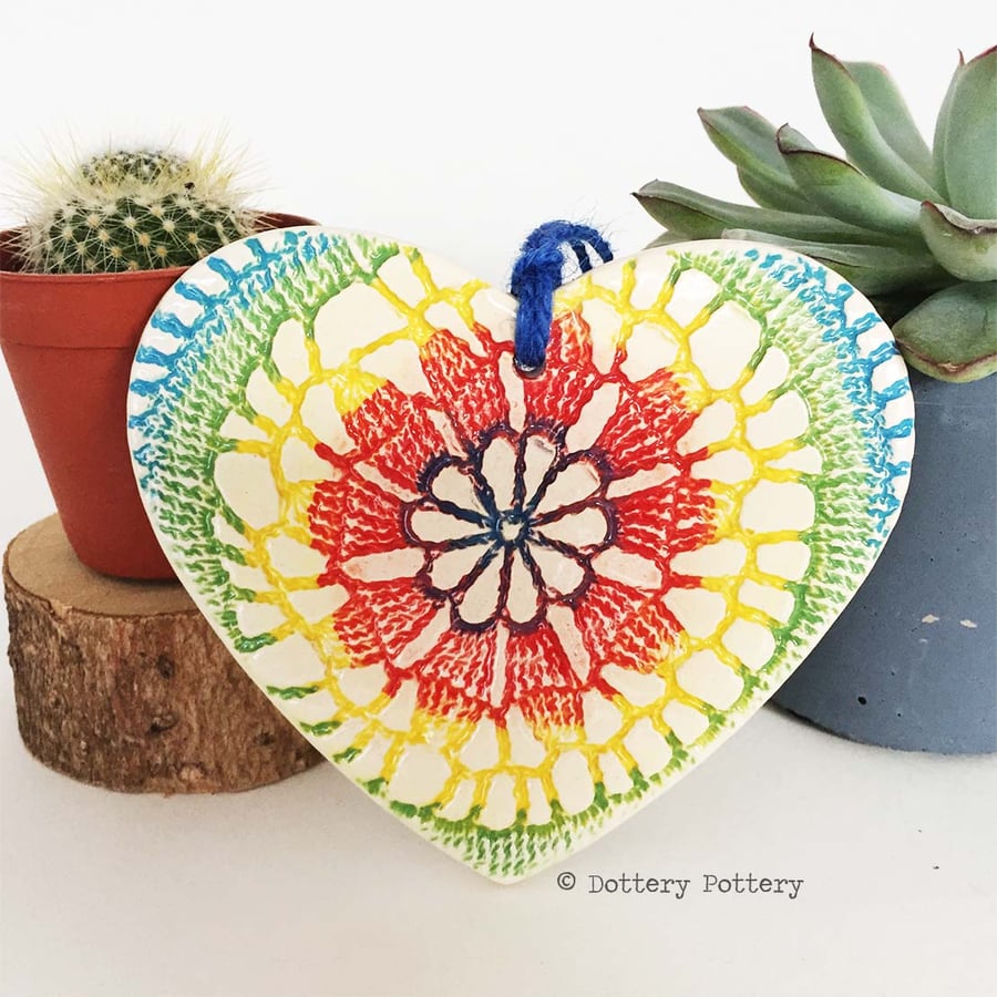Ceramic heart hanging decoration Pottery Heart Tie Dye Festival Bright Colours