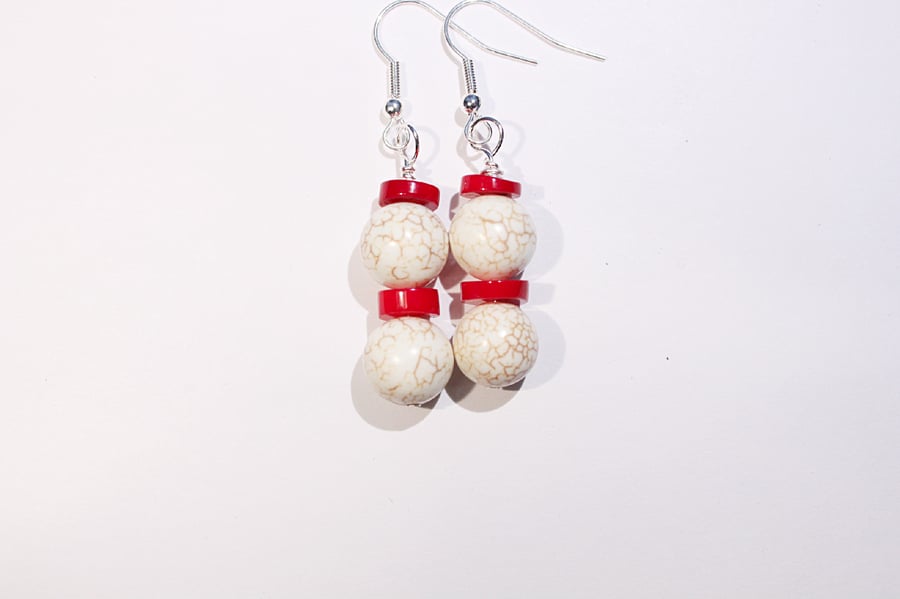 White howlite and red coral dangle earrings, Chunky gemstone earrings