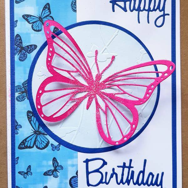 Birthday Card Handmade Pink Butterfly On Blue Embossed Background Glitter Centre