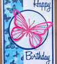 Birthday Card Handmade Pink Butterfly On Blue Embossed Background Glitter Centre