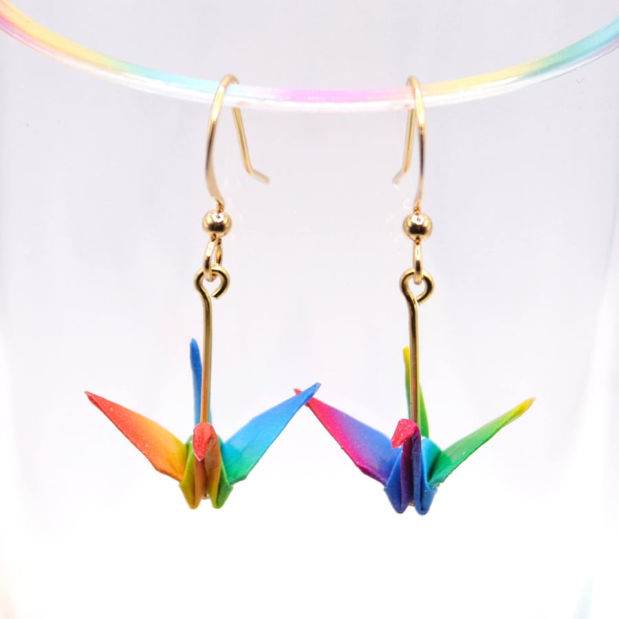 Rainbow Origami Crane Earrings. Pride Jewellery. LGBTQ Gift