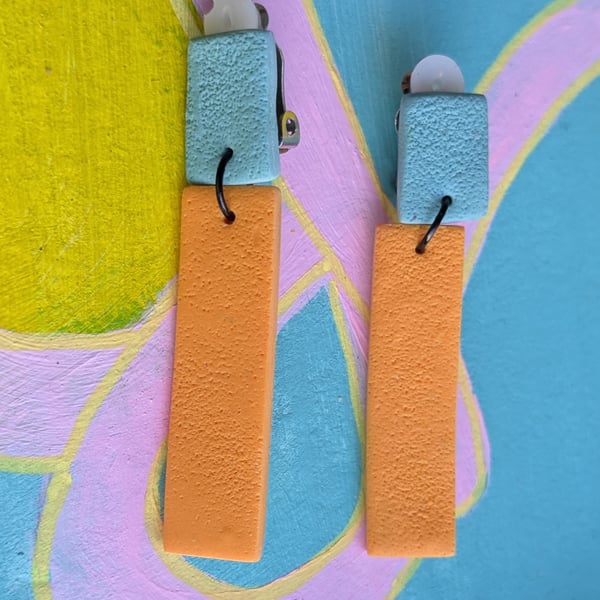 Clip on ,  colour-block statement earrings - rectangular